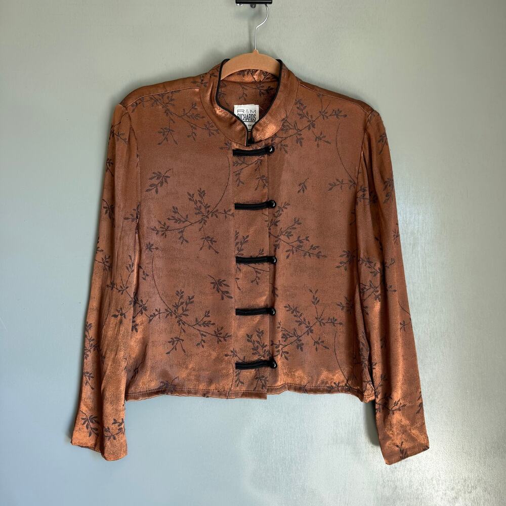 Vintage R&M RICHARDS By Karen Kwong Women's 12 Brown Mandarin Style Blouse Retro